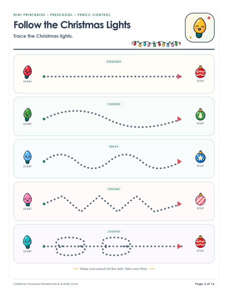 Christmas lights tracing worksheet preview for preschool