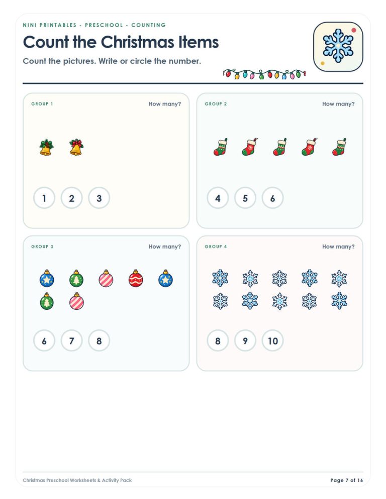 Christmas counting worksheet preview for preschool
