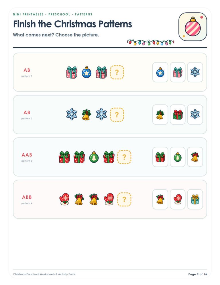 Christmas patterns worksheet preview for preschool