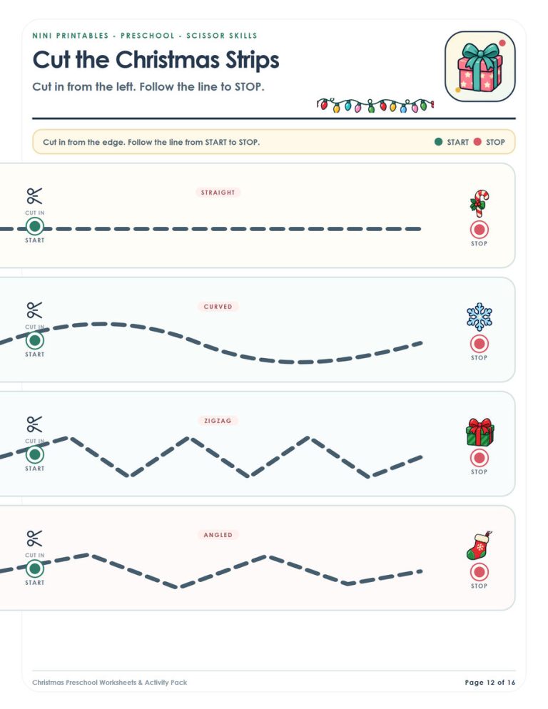Christmas cutting strips worksheet preview for preschool