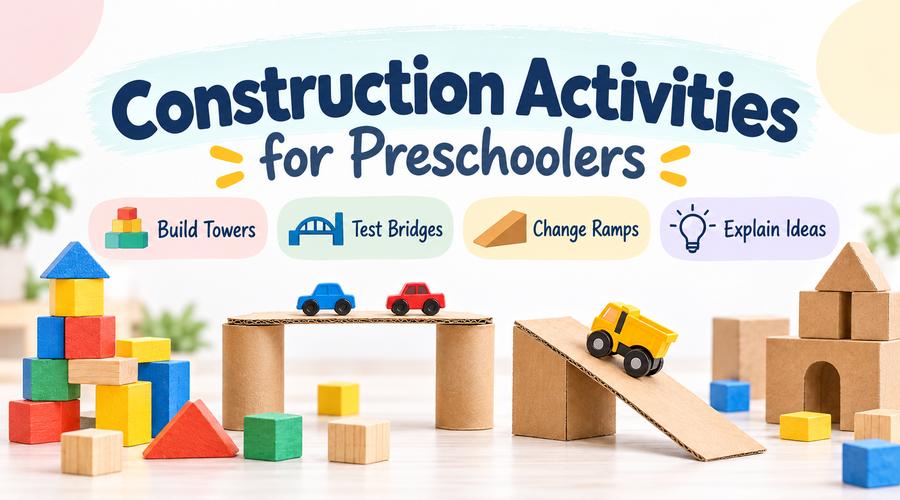 Construction activities for preschoolers with building towers, testing bridges, changing ramps and explaining ideas