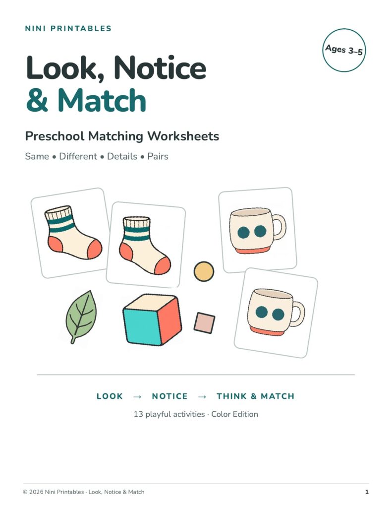 Look, Notice & Match preschool matching worksheets Color Edition cover