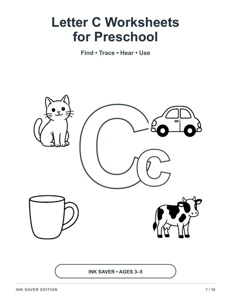 Letter C Worksheets for Preschool – Ink Saver Edition printable preview