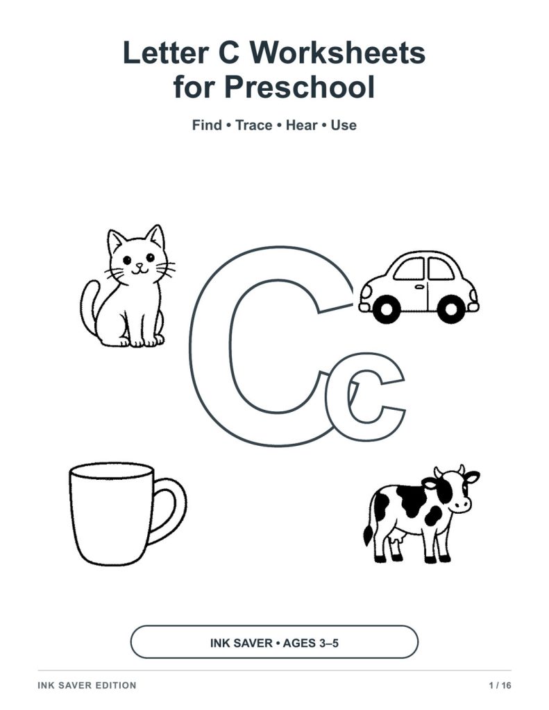Letter C Ink Saver cover with outline Cc, cat, car, cup, and cow