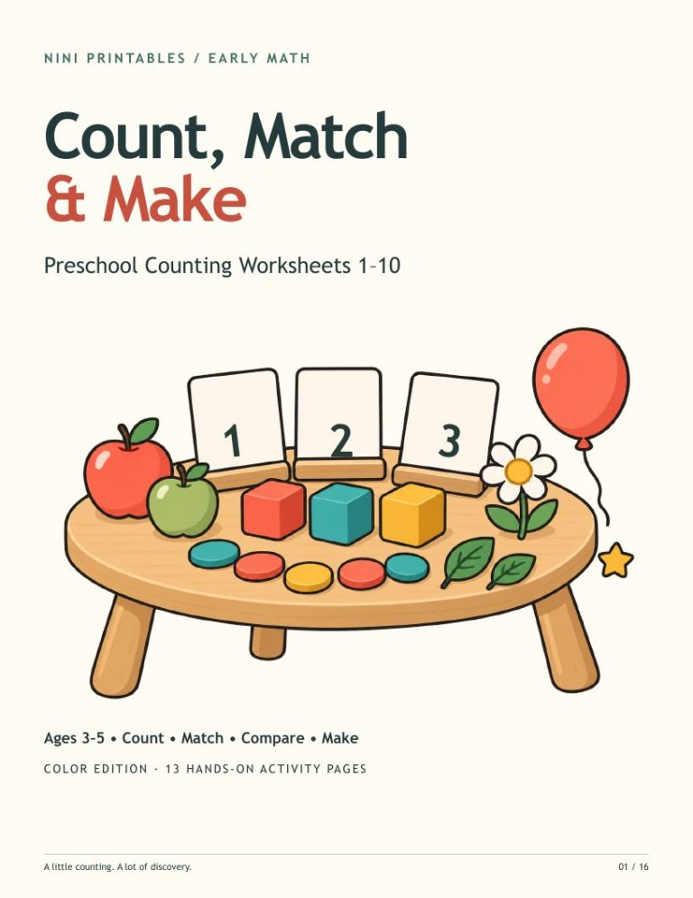 Preschool Counting Worksheets 1–10: Count, Match & Make printable preview