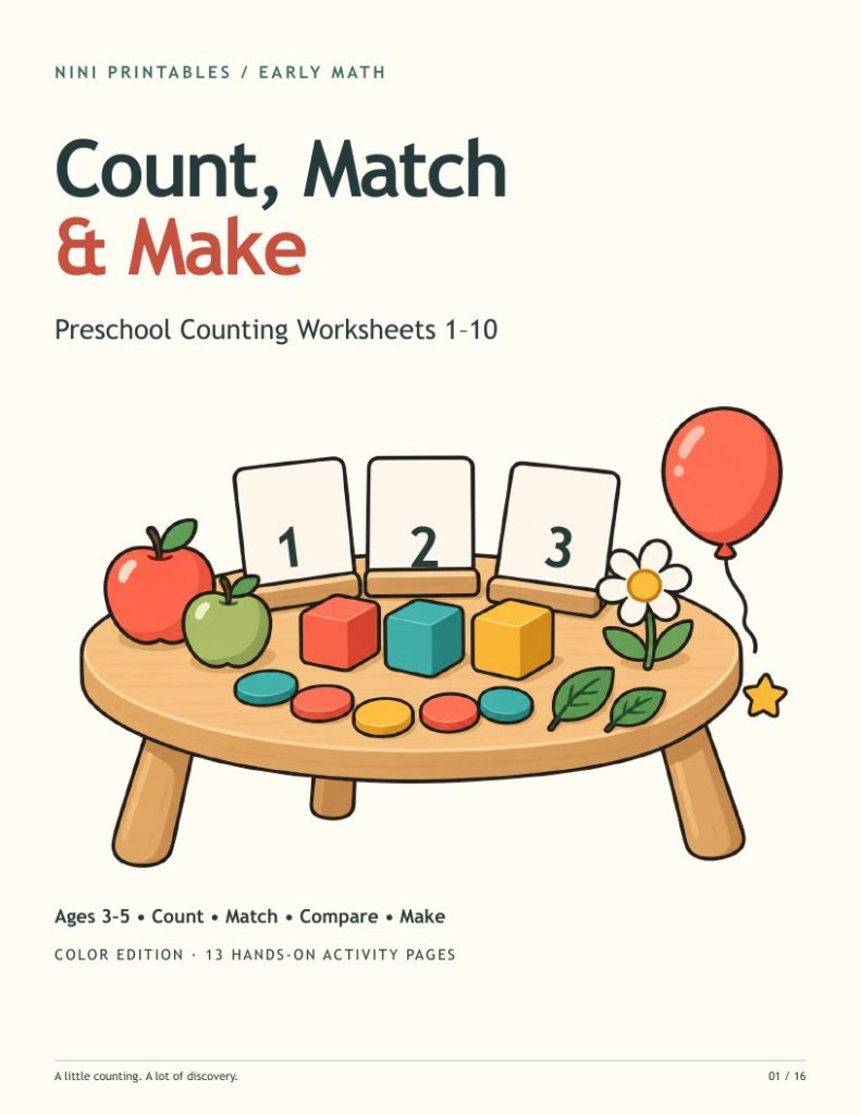 Preschool counting worksheets 1-10 Count Match and Make cover for ages 3-5