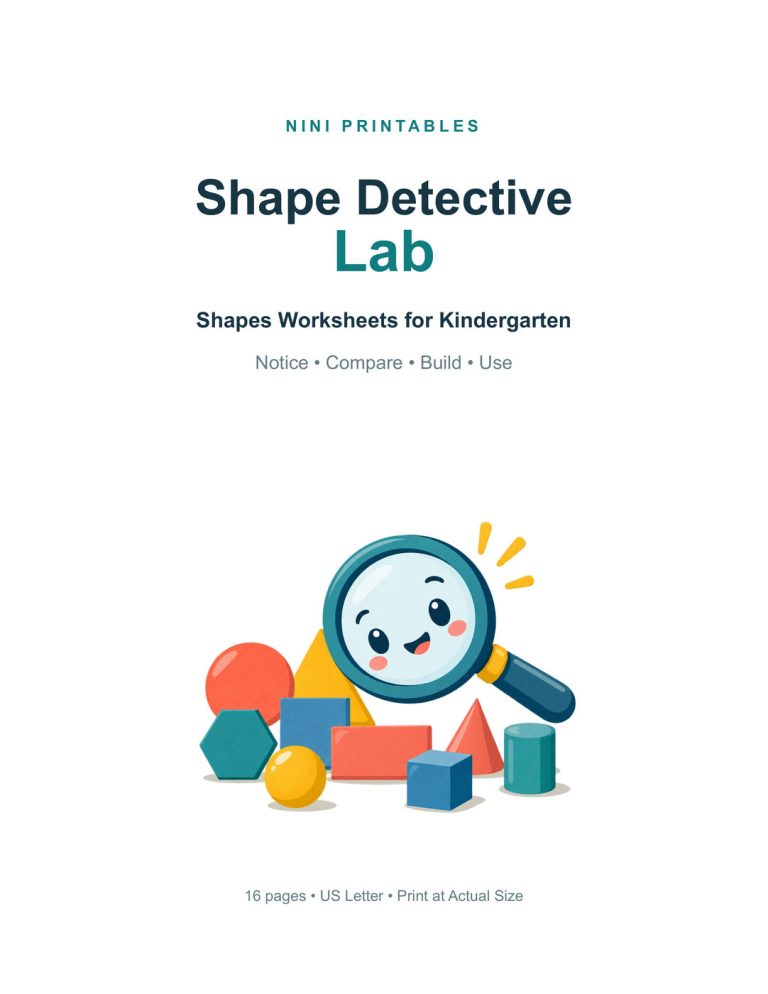 Shapes Worksheets for Kindergarten – Shape Detective Lab Color Edition printable preview