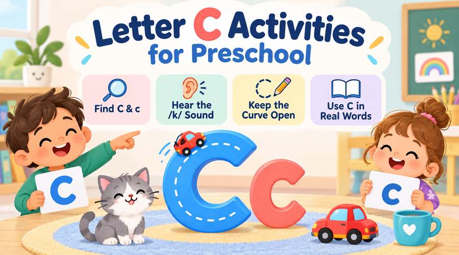 Letter C activities for preschool with C and c recognition, hard-C sound practice, open-curve tracing and real-word examples