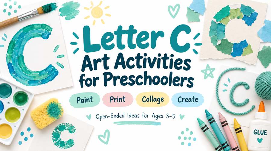 Letter C art activities for preschoolers with painting, printmaking, collage and open-ended creative ideas for ages 3–5