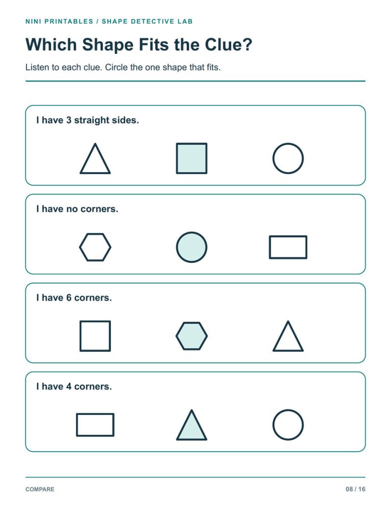 Shapes Worksheets for Kindergarten – Shape Detective Lab Color Edition preview 2