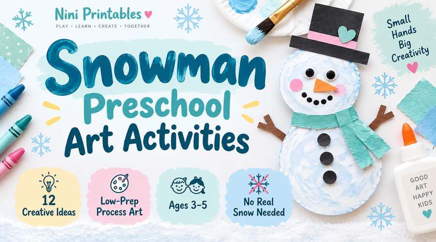 Snowman preschool art activities with 12 creative process-art ideas for ages 3–5, low-prep setup, and no real snow needed