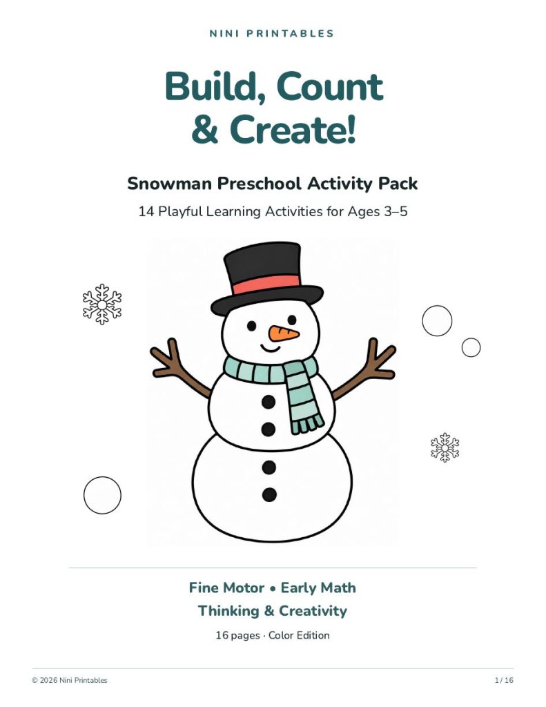 Snowman preschool worksheets activity pack for ages 3-5 with counting, fine motor and creative activities