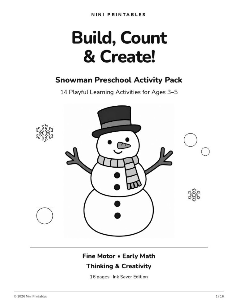 Ink Saver Snowman Preschool Worksheets & Activity Pack printable preview