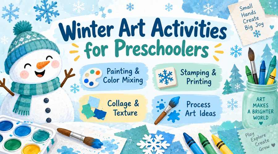Winter art activities for preschoolers with painting, collage, stamping and process art ideas