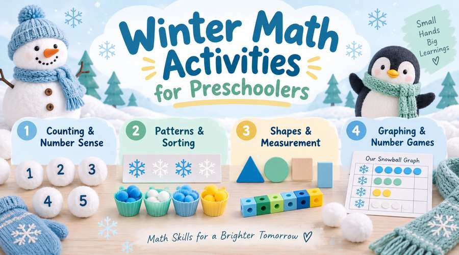 Winter math activities for preschoolers with counting, patterns, sorting, shapes, measurement, graphing and number games