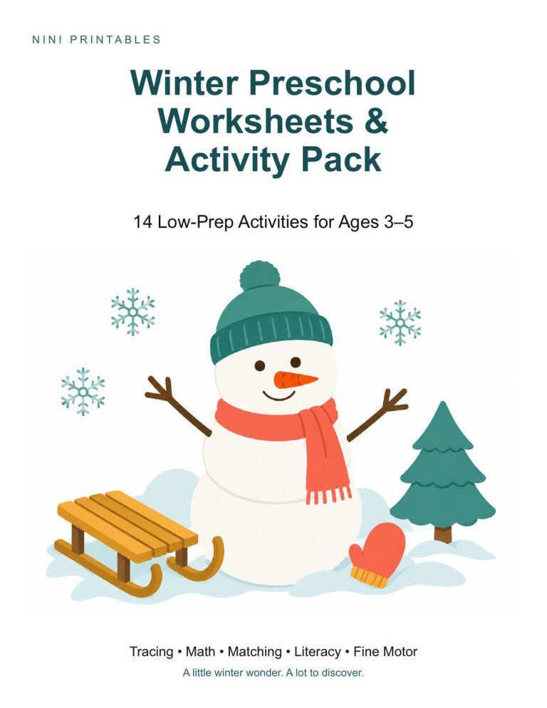 Winter preschool worksheets and activity pack for ages 3–5