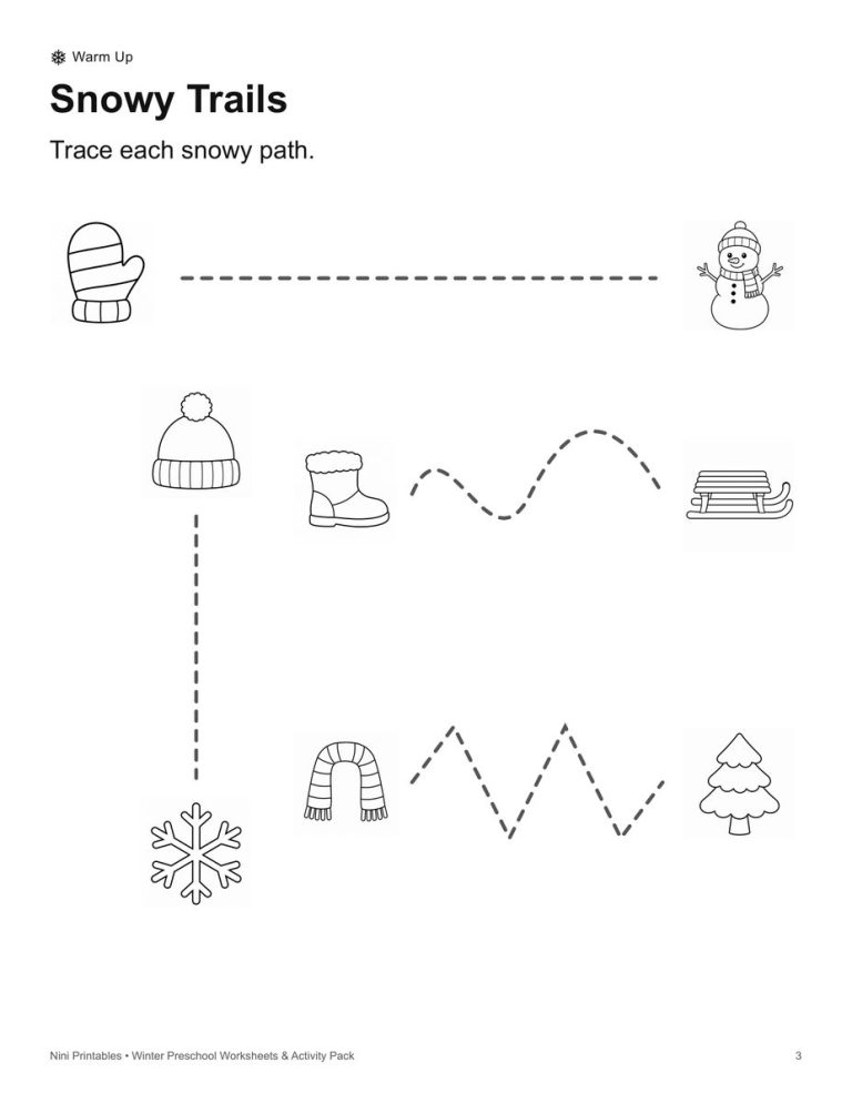 Winter tracing worksheet preview for preschool