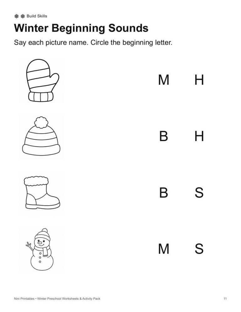 Winter beginning sounds worksheet preview for preschool