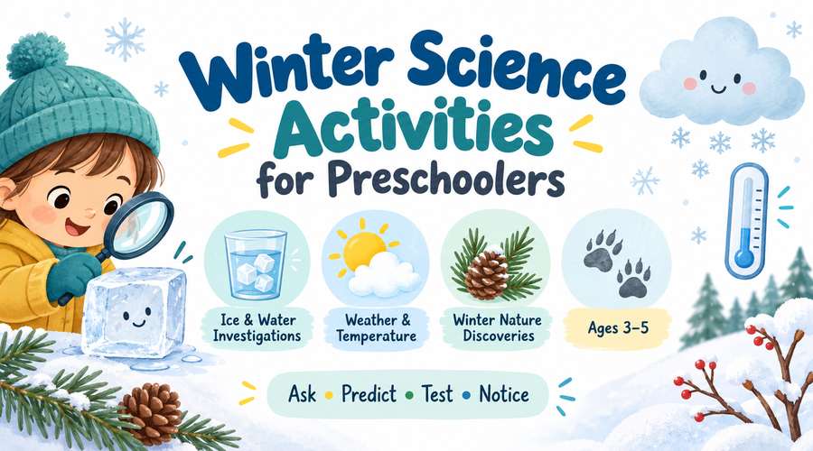 Winter science activities for preschoolers with ice and water, weather, temperature, and winter nature investigations