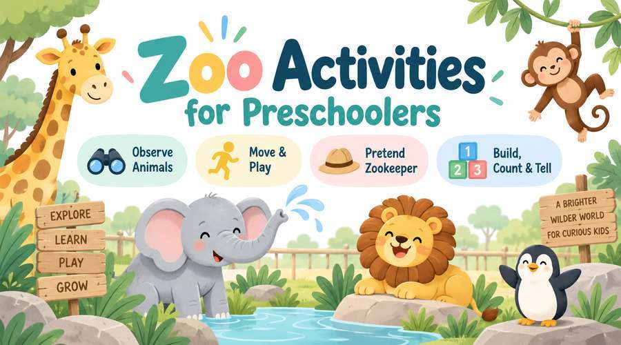 Zoo activities for preschoolers with animal observation, movement, pretend zookeeper play, building, counting, and storytelling