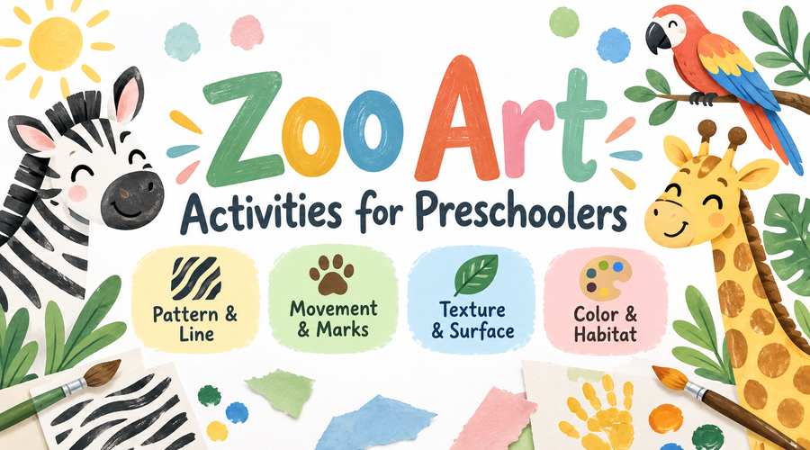 Zoo art activities for preschoolers with zebra, giraffe, parrot, and pattern, movement, texture, and color art themes